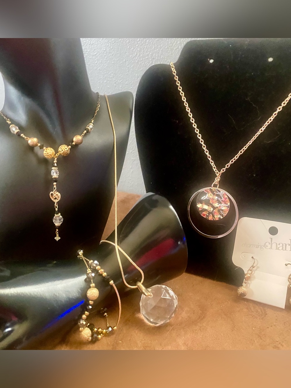 Gold-Tone with black and Crystal faceted beaded Necklaces, bracelet, earrings